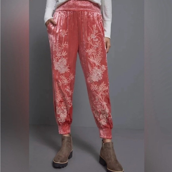 Anthropologie Rosie Embroidered Velvet Joggers Sz M Bohemian Festival Hippie